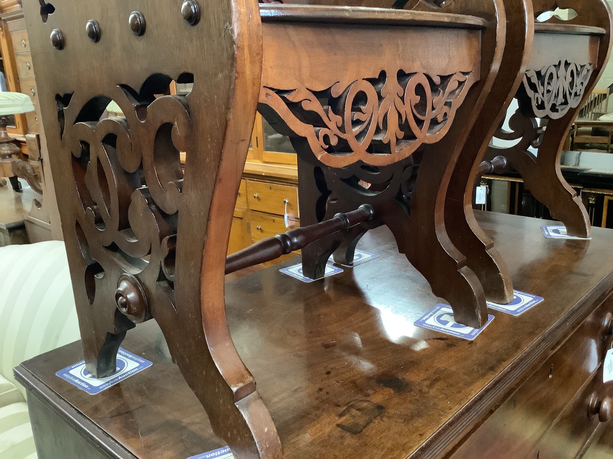 A pair of Victorian style mahogany hall seats in the manner of Shoolbred. W-47, D-38, H-76cm.